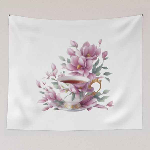 Item preview, cup of tea with magnolia flowers on background designed and sold by Harmonysens.