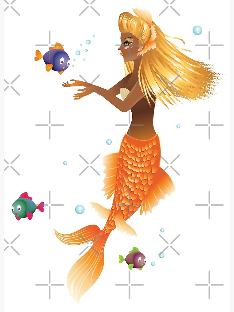 Gold Fish Tail Mermaid and fishes Art Board Print for Sale by