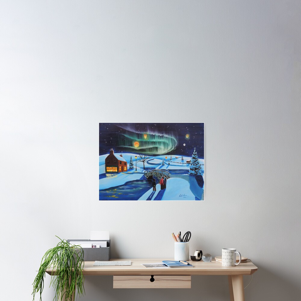 Winter Chinese lanterns northern lights Poster