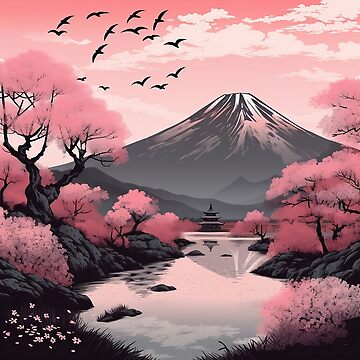 Japanese cherry blossom landscape in pinks and blacks | Poster