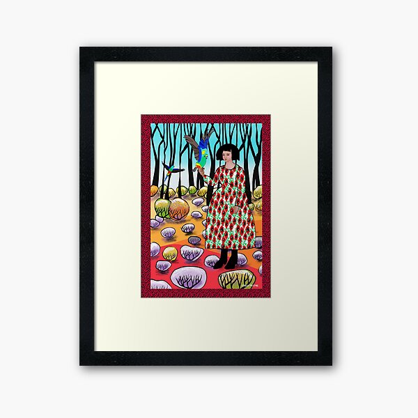 Woman in Landscape with Parrots Framed Art Print