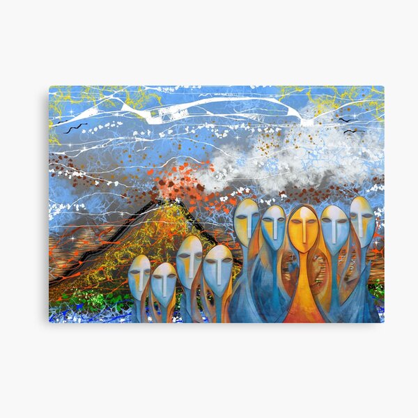 Conceptual digital art erupting volcano and figures of people faces symmetrical Canvas Print