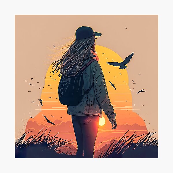 "Adventure Sunset Vibes" girl-with-backpack-sunset-generative-al Photographic Print