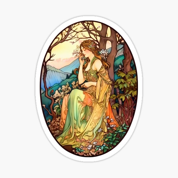 Aperçu de l'œuvre Alphonse Mucha Style Art Nouveau Femme Dans La Forêt De Montagne créée et vendue par entwithanaxe.