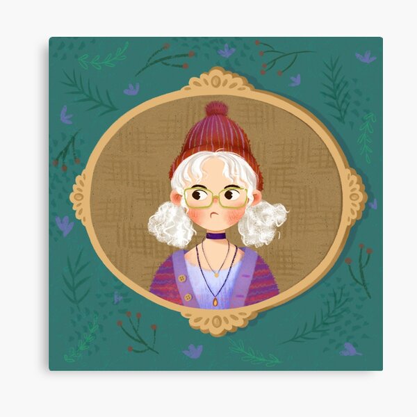 Jolie fille aux cheveux blancs botaniques portant un cardigan violet et un chapeau de laine Impression sur toile