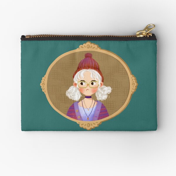 Cute Botanical White Hair Girl Wearing Purple Cardigan and Wool Hat Zipper Pouch