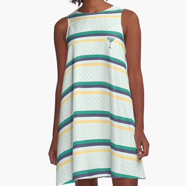 Nostalgic Vibrance: Navy, Teal, Yellow, and White Retro Stripes for a Chic and Colorful Aesthetic A-Line Dress