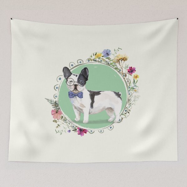 Item preview, Smart French Bulldog and Wildflowers in Green designed and sold by HugsAndPrints.
