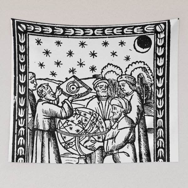 Aperçu de l'œuvre Gravure sur bois Renaissance d'astronomes et ciel nocturne avec astrolabe créée et vendue par Pixelchicken.