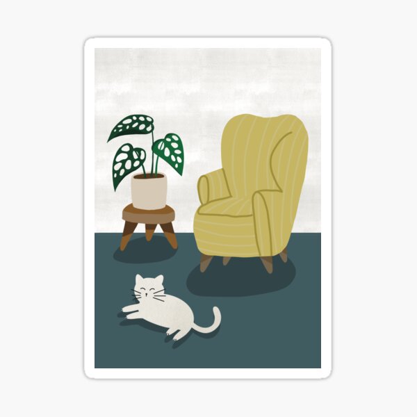 Harmonie fantaisiste : chat blanc avec chaise jaune et plante minimaliste Sticker