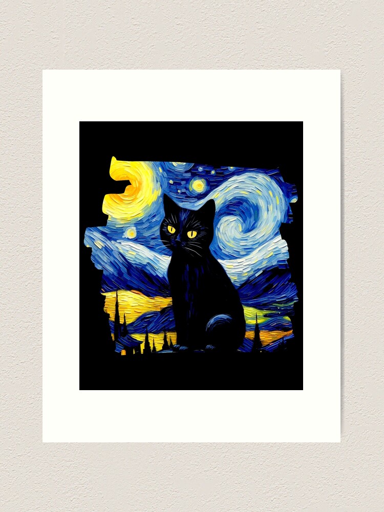 Aperçu 1 sur 3. Impression artistique avec l'œuvre Chat noir style van gogh créée et vendue par Vangoholic.