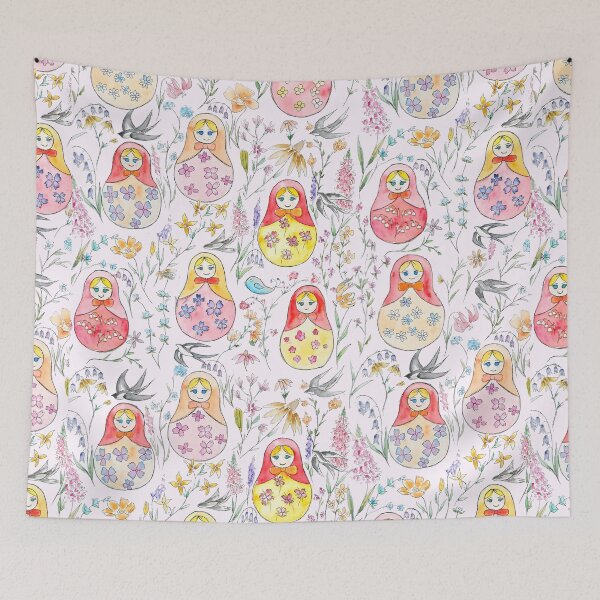 Item preview, hand painted Russian dolls swallows and  flowers watercolor patterns  designed and sold by ColorandColor.