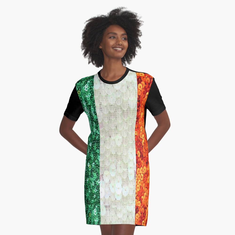 Irish, Tri Color Flag, Ireland, Sequin, Glitter, Look, Green White Orange Graphic T-Shirt Dress