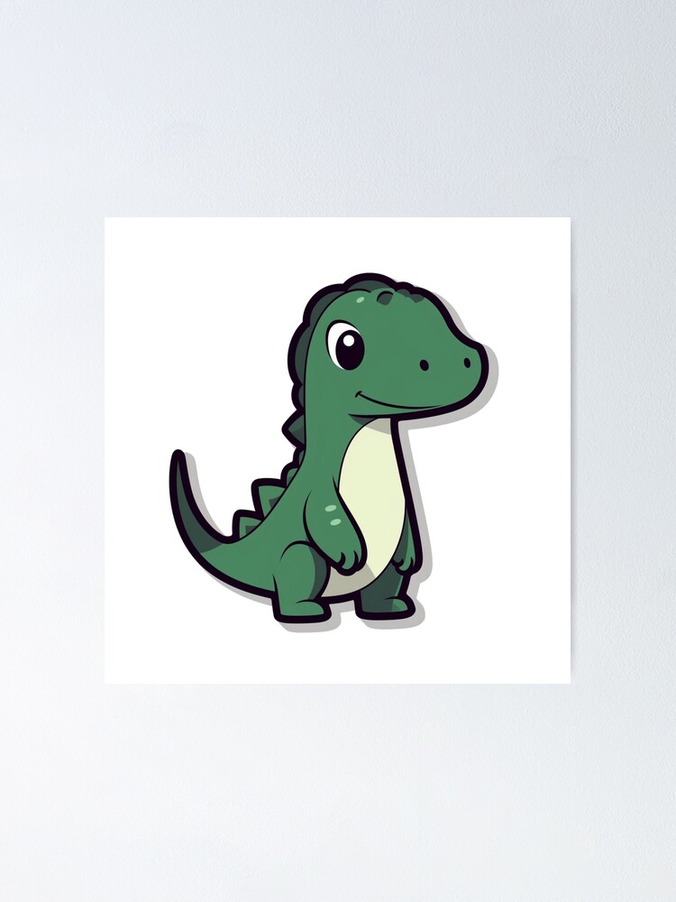 Poster mit Kawaii süßer dunkelgrüner Dinosaurier-Aufkleber, Vektor, weißer  Hintergrund, Umriss-Cartoon-Stil von E-PrintStore