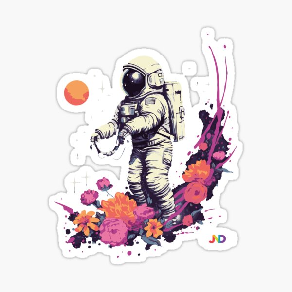 Floral Cosmic Thrills: The Astronaut's Interstellar Wave Ride Sticker