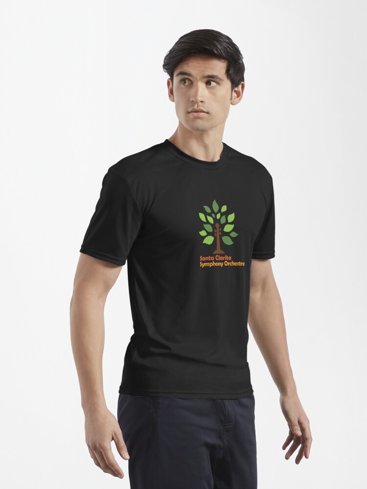 Thumbnail 3 of 7, Active T-Shirt, Santa Clarita Symphony Orchestra logo with scroll tree in orange and red designed and sold by scsorchestra.