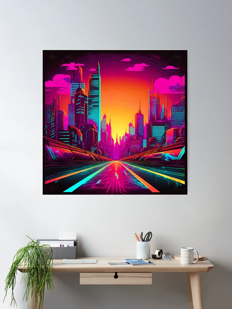 Neon Retro 80s City Highway Perspective, Vibrant Vector Art Design