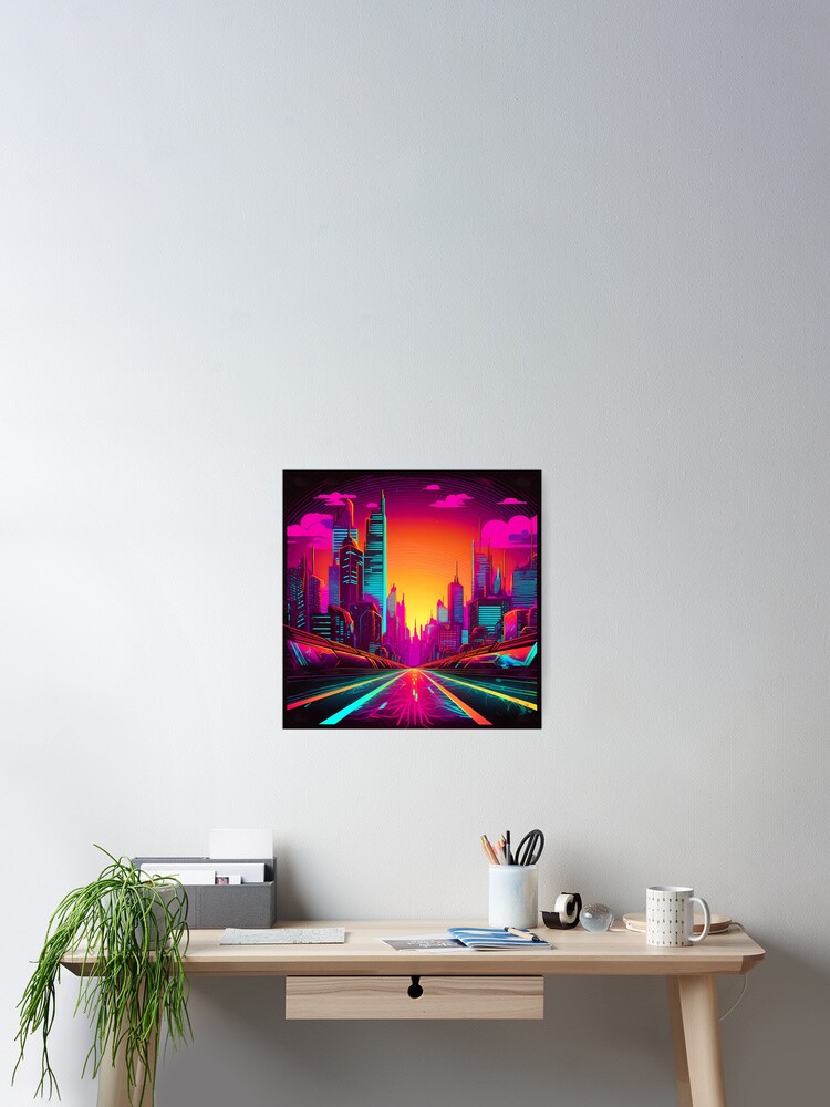 Neon Retro 80s City Highway Perspective, Vibrant Vector Art Design