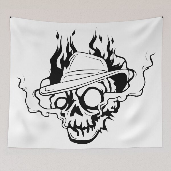 Item preview, fiery and smoking skull head illustration with cowboy hat, doodle and halloween art designed and sold by nigellas.