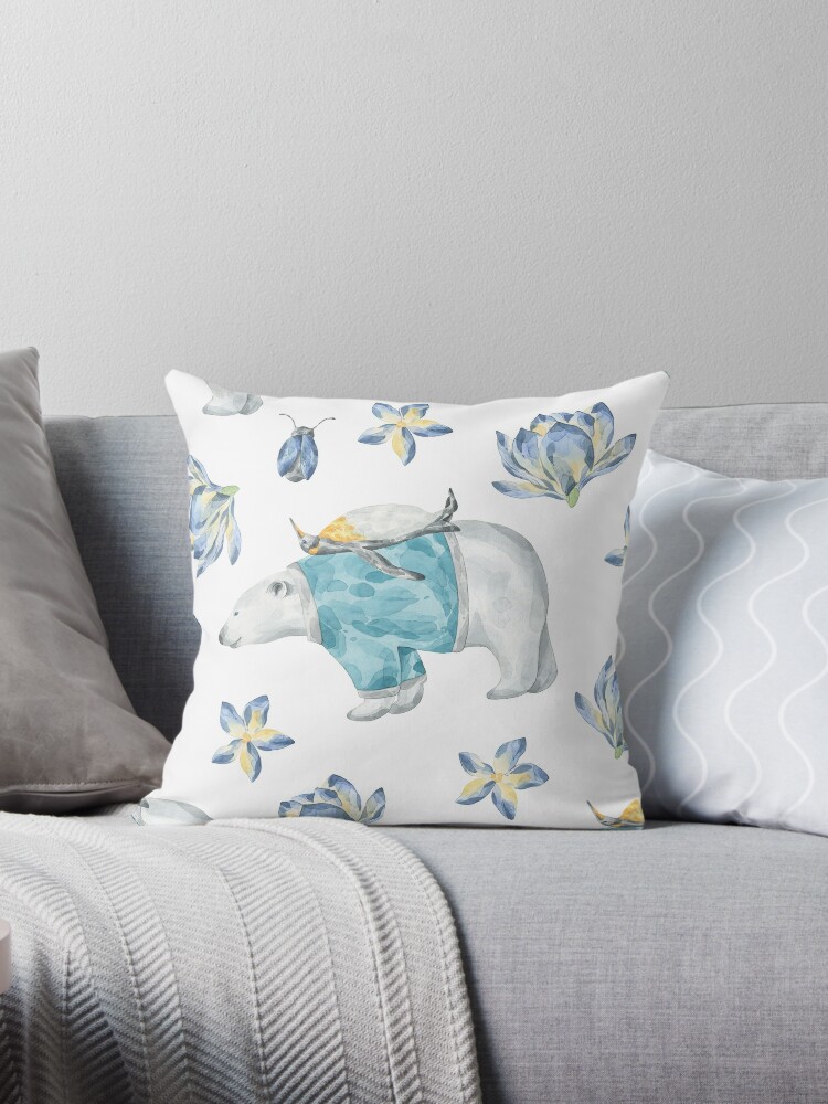 Cute Whimsical Watercolor Polar Bear Penguin Arctic Winter Wonderland Throw Pillow By Patternsgalore Redbubble