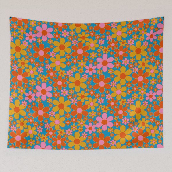 Item preview, Flower power retro florals - straight from the 1970s - gorgeous vintage deep turquoise, orange, pink and gold - straight from 1973   designed and sold by BlackDogArtists.