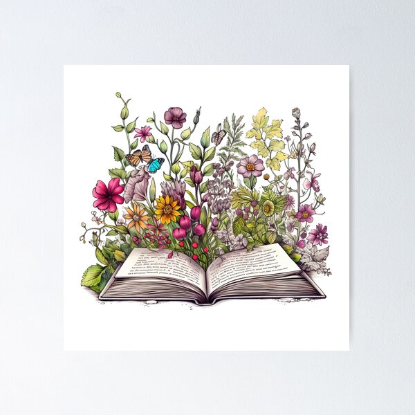 Aesthetic open book design with flowers Poster for Sale by