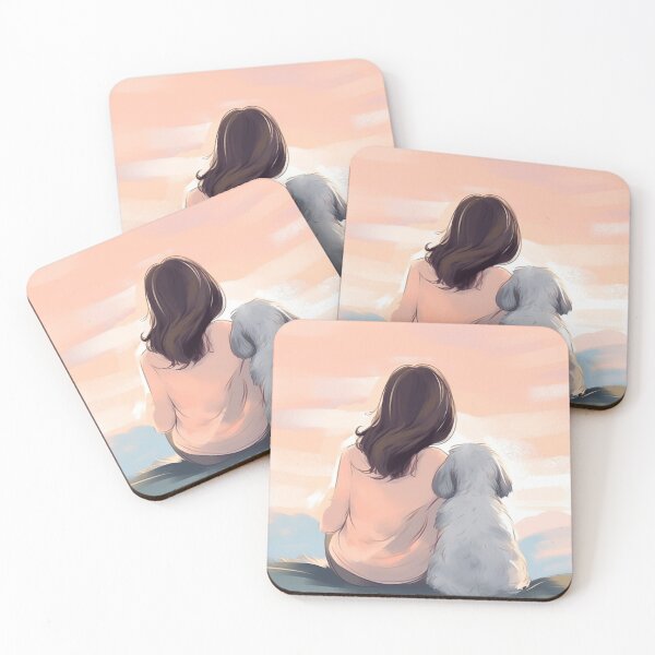 Item preview, Woman sitting with her little white dog, illustration designed and sold by EmeraldeaArt.