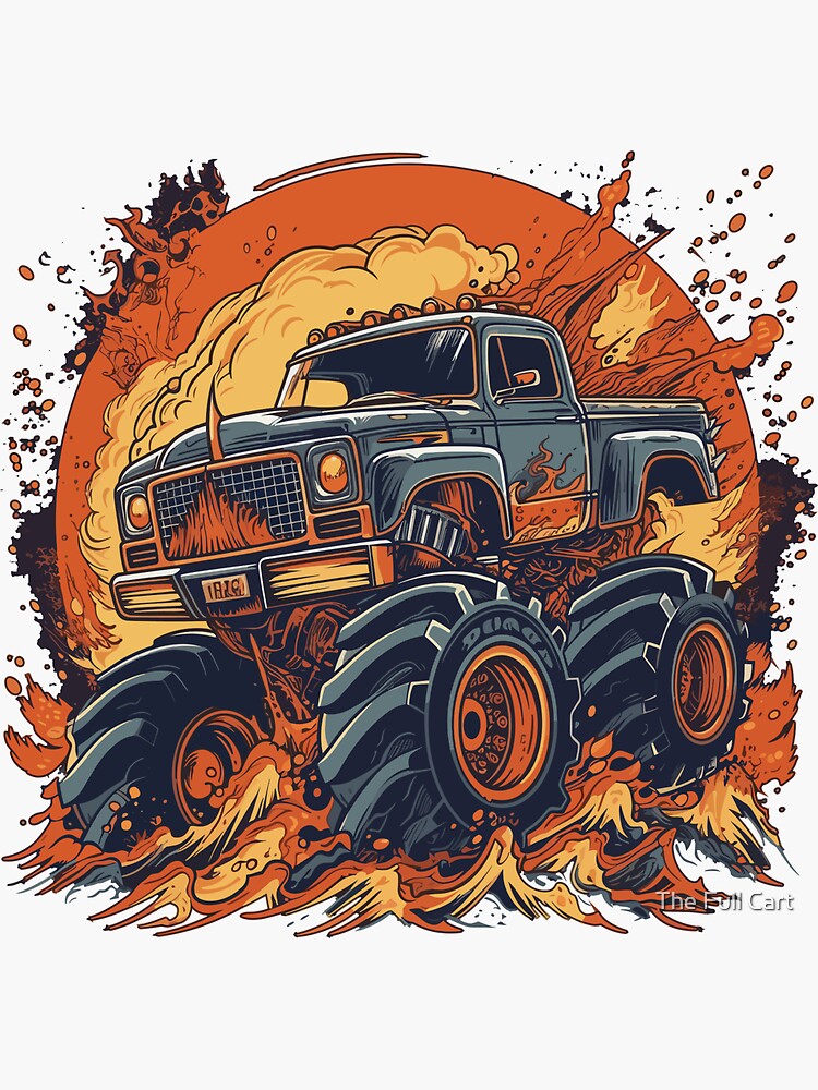 Monster Pickup Truck with USA Flag Cartoon - Pickup - Sticker