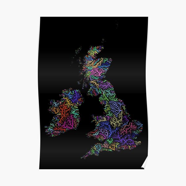 River basins of the British Isles in rainbow colours Poster