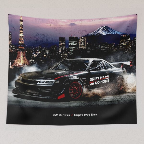 Item preview, "Drift Hard or Go Home": Tokyo Skyline with Black Drift Car - JDM Warriors designed and sold by FuturisticPixel.