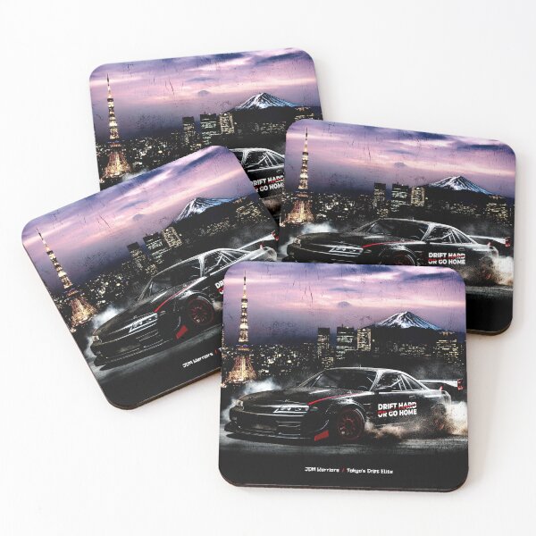 Item preview, "Drift Hard or Go Home": Tokyo Skyline with Black Drift Car - JDM Warriors designed and sold by FuturisticPixel.