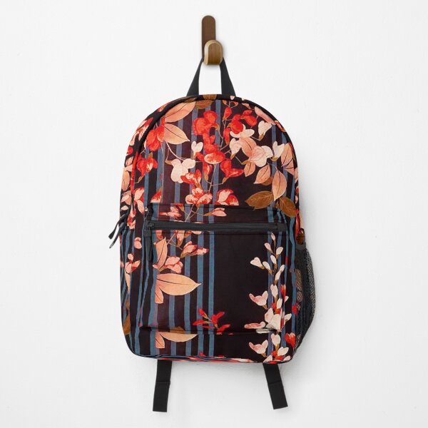 Item preview, WHITE RED PINK FLOWERS AND BLUE BLACK STRIPES Antique Japanese Floral designed and sold by BulganLumini.