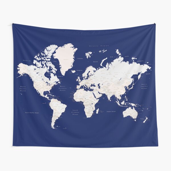 Item preview, Navy blue and light brown detailed world map "Gavin" designed and sold by blursbyai.