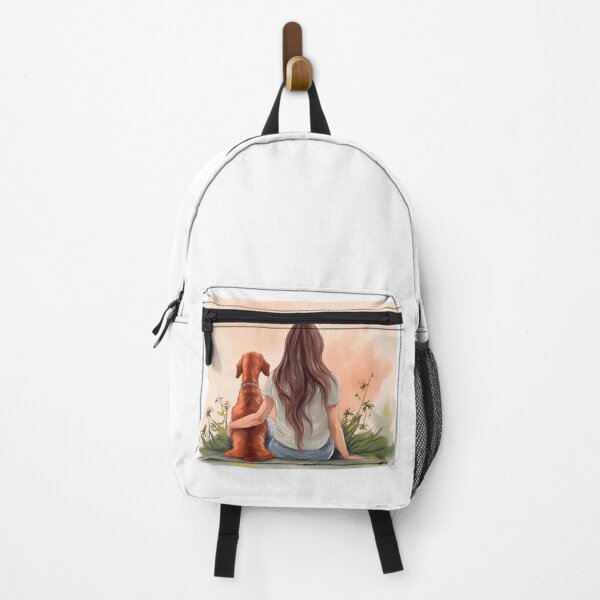 Item preview, Long brown haired woman sitting with wiener dog, illustration designed and sold by EmeraldeaArt.