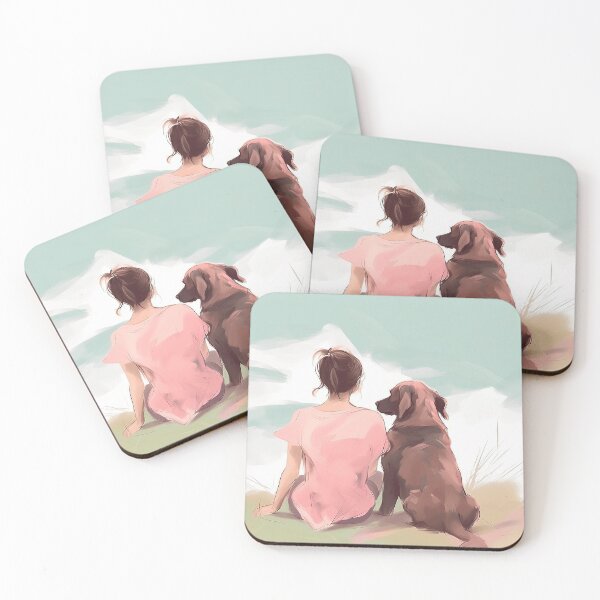 Item preview, brown haired girl with her labrador dog, illustration designed and sold by EmeraldeaArt.