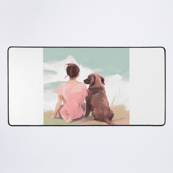 Item preview, brown haired girl with her labrador dog, illustration designed and sold by EmeraldeaArt.