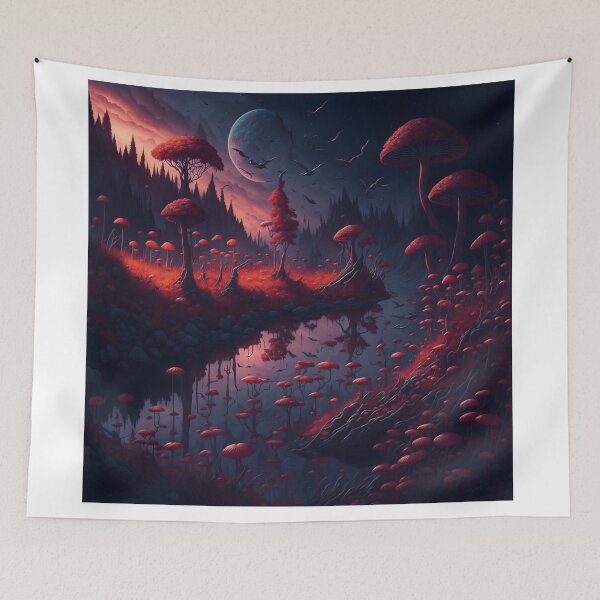 Item preview, Enchanting Natural Landscape: A mystical and fantastic world filled with a flowing river, vibrant flowers, and magical mushrooms. designed and sold by RedArtG09.