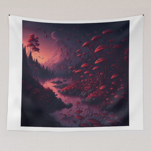 Item preview, Explore a whimsical landscape where fantastical flowers and bushes line the riverbank, creating a truly mesmerizing sight. designed and sold by RedArtG09.
