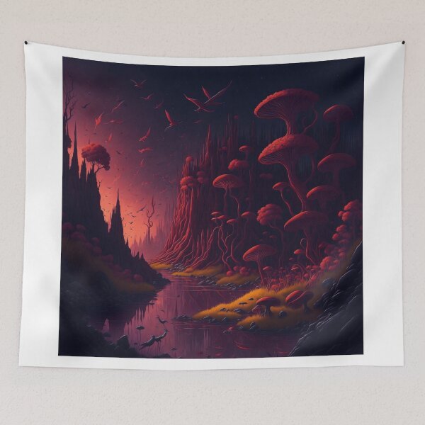 Item preview, Step into a surreal realm where tall mushrooms resemble towering trees, adding an element of fantasy and wonder to the scene. designed and sold by RedArtG09.