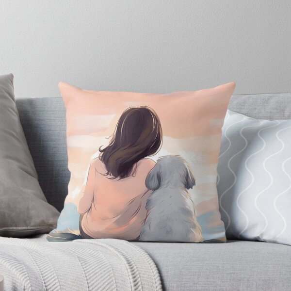 Item preview, Woman sitting with her little white dog, illustration designed and sold by EmeraldeaArt.