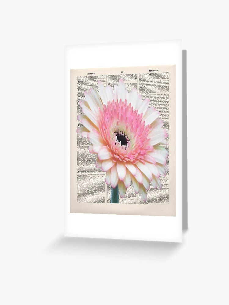Gerbera Pink Flower Printed Onto Antique English Dictionary Page Greeting Card By Littlewordsmith Redbubble