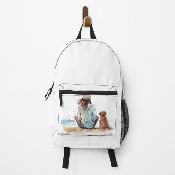 Item preview, Brown haired girl in a hat sitting with wiener dog on a sandy beach, illustration designed and sold by EmeraldeaArt.