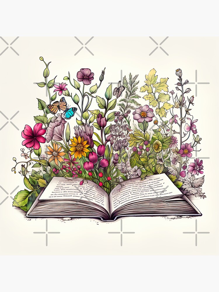 Sticker avec l'œuvre « Livre ouvert avec des fleurs 2 » de l'artiste  MONDOPLY