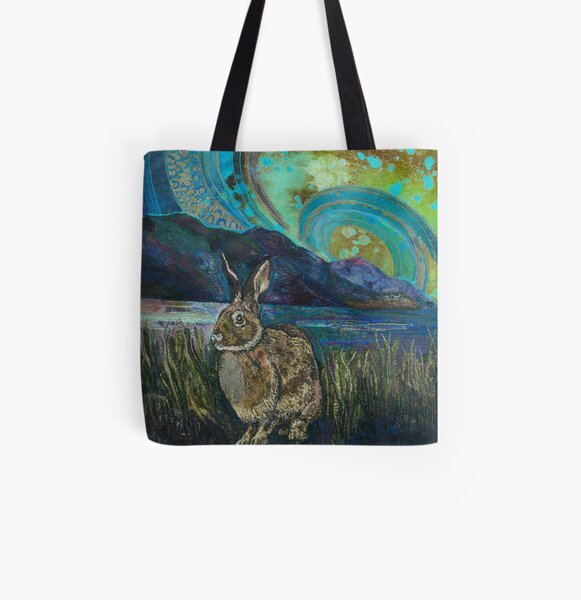 Crouching Hare Embroidery - Textile Art All Over Print Tote Bag