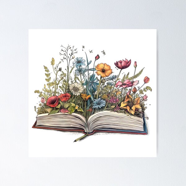 Aesthetic open book design with flowers Poster for Sale by