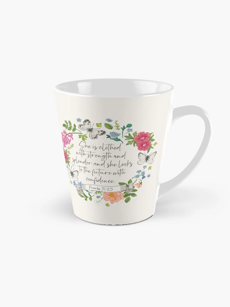 Strength and Dignity Pink Butterfly Garden Ceramic Coffee Mug with Exposed  Clay Base - Proverbs 31:25