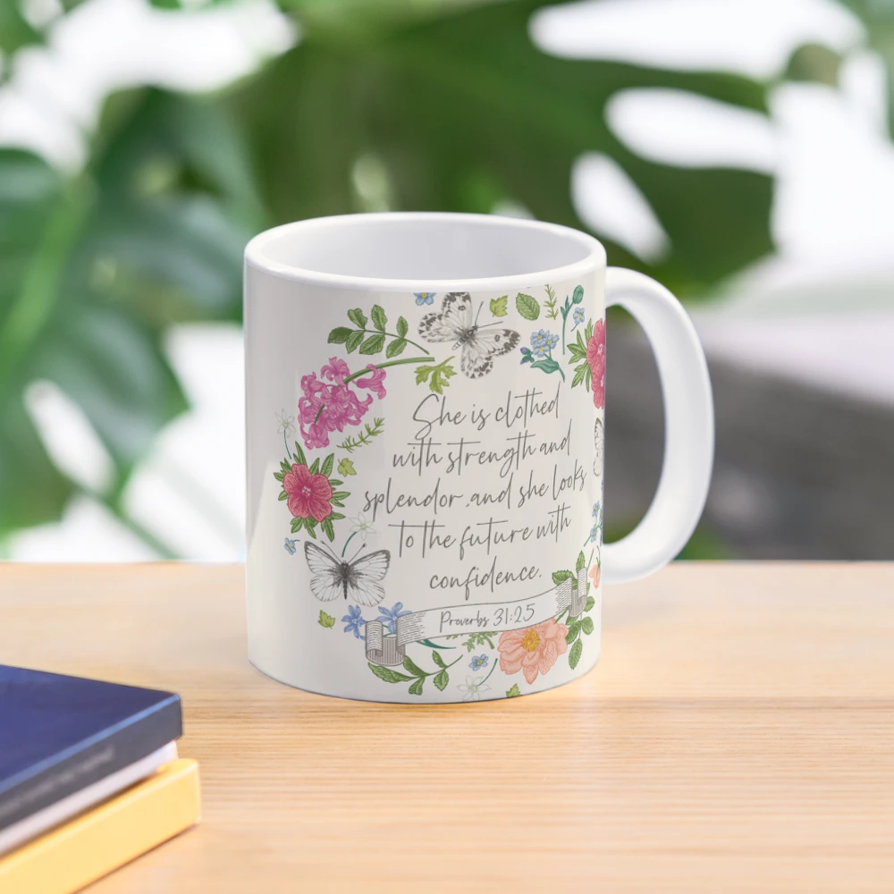 Strength and Dignity Pink Butterfly Garden Ceramic Coffee Mug with Exposed  Clay Base - Proverbs 31:25