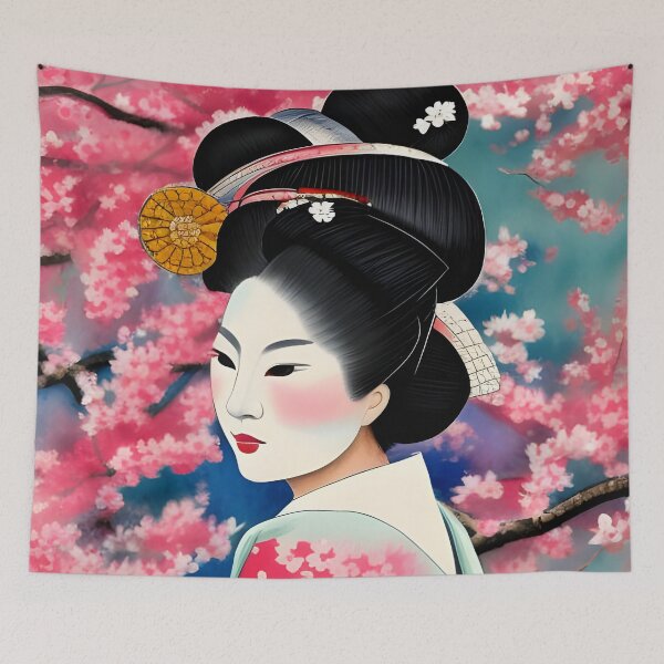Item preview, Japanese Geisha Cherry Blossom Sakura Watercolour Style Portrait designed and sold by Ameiva-Apparel.
