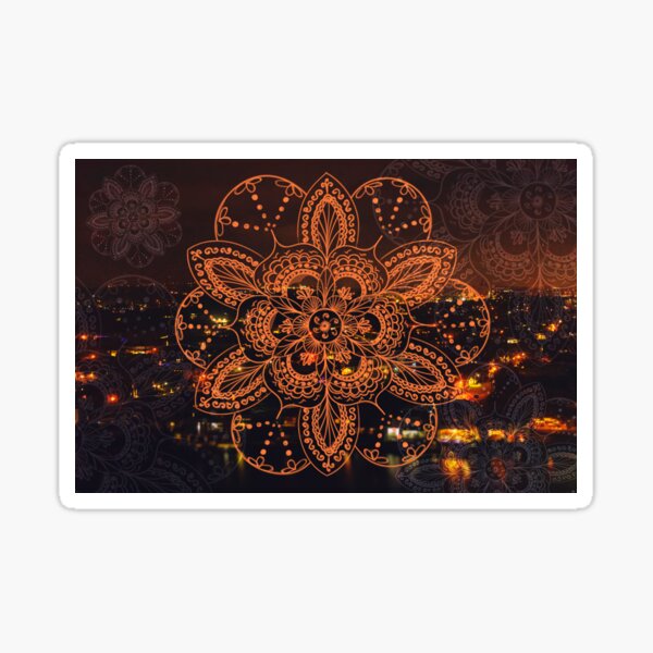 Orange mandala flower on tilt-shifted Gold Coast night lights photo Sticker