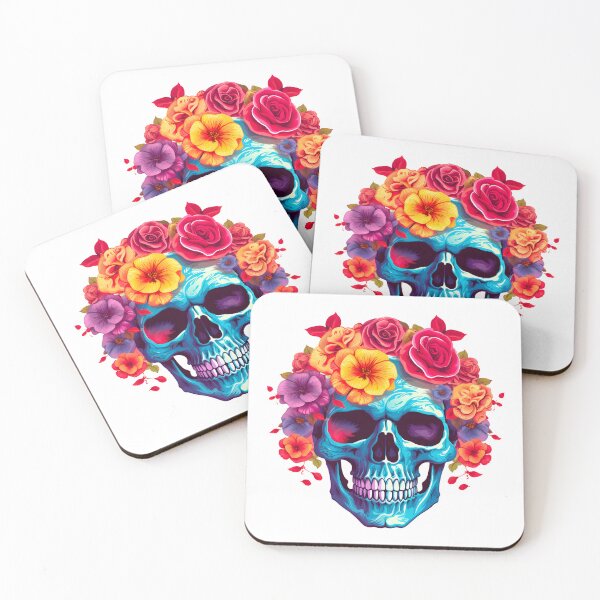 Item preview, Blue Scull with Yellow Orange and Red Roses designed and sold by TheBlackPixelCo.
